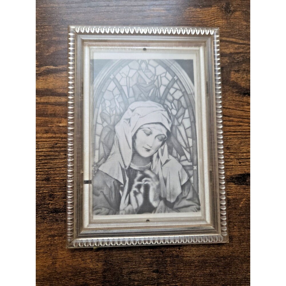 Vintage Framed Lenticular Hologram Virgin Mary Black & White Antique 5x7 Framed